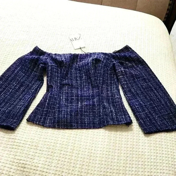Zara NWT Women's Blue Tweed Textured Off the Shoulder Top - Picture 4 of 5